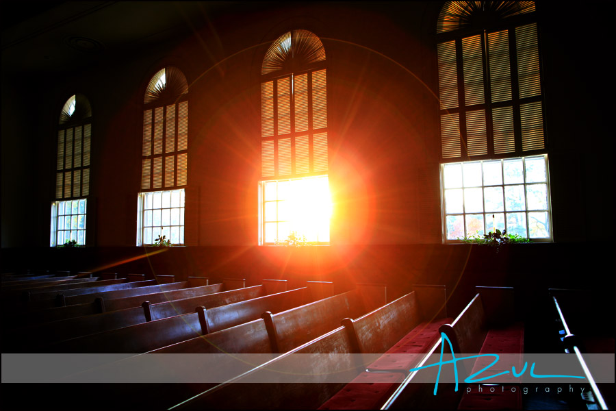 Sunlight spills into the First Presbyterian Church before the wedding.